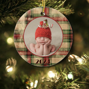 Baby's First Christmas Vintage Worn Plaid Photo Ceramic Ornament