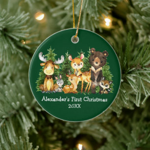 Baby's First Christmas Watercolor Animals Deer Ceramic Ornament