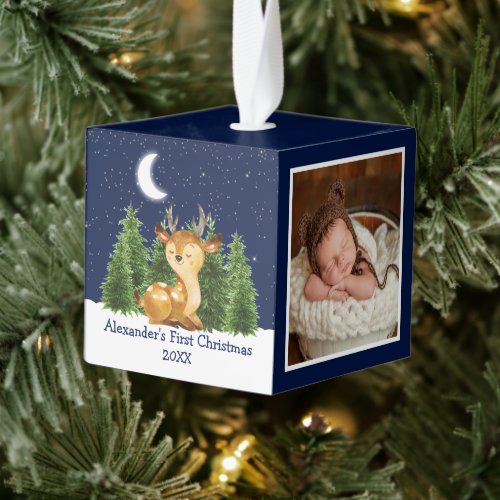 Babys First Christmas Watercolor Deer Photo Cube Ornament