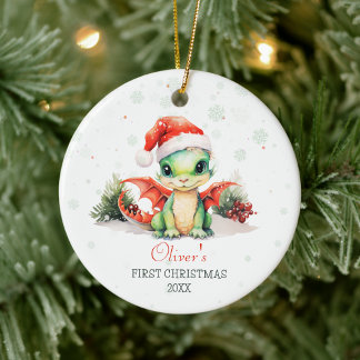 Baby's First Christmas Watercolor Dragon Name Ceramic Ornament