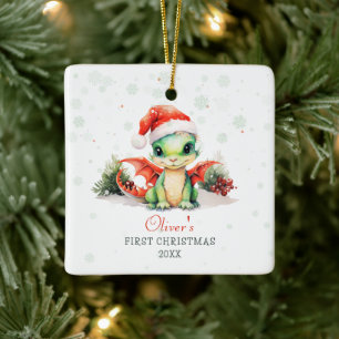 Baby's First Christmas Watercolor Dragon Square Ceramic Ornament