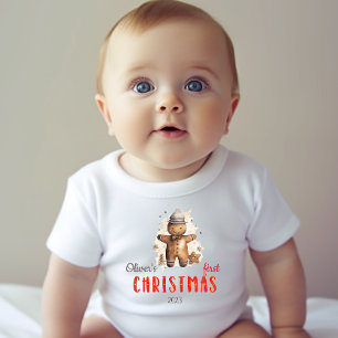 Baby's First Christmas Watercolor Gingerman Name Baby T-Shirt