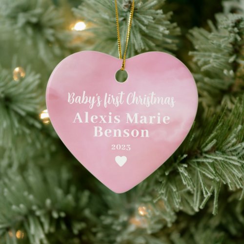 Babys First Christmas Watercolor Pink Full Photo Ceramic Ornament