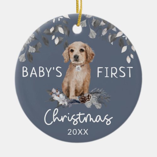 Babys First Christmas Watercolor Puppy Foliage  Ceramic Ornament