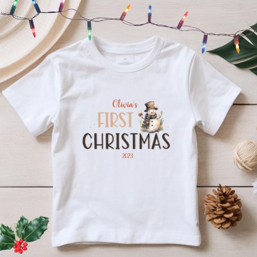 Babys First Christmas Watercolor Snowman Name Baby T_Shirt