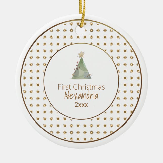 Baby's First Christmas | Watercolor Tree | Photo Ceramic Ornament (Front)