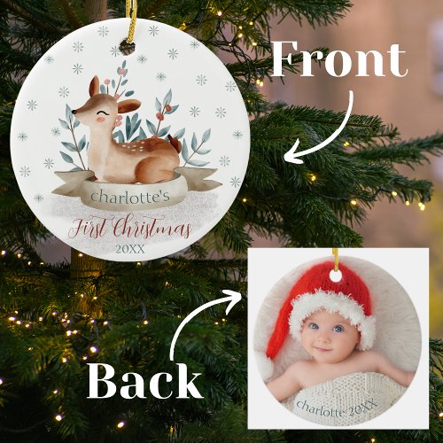 Babys First Christmas Watercolor Woodland Deer Ceramic Ornament