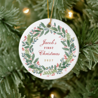 Baby's First Christmas Watercolor Wreath Ceramic Ornament