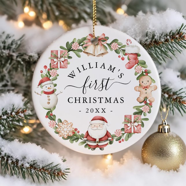 Baby's First Christmas Watercolor Wreath Ceramic Ornament (Creator Uploaded)