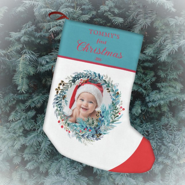 Baby's First Christmas Watercolor Wreath Small Christmas Stocking (Creator Uploaded)