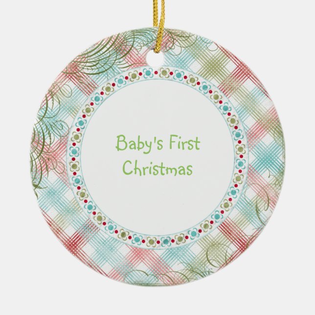 Babys First Christmas Whimsical Plaid Personalized Ceramic Ornament (Front)