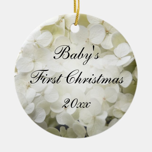 Baby's First Christmas White Hydrangea Ceramic Ornament (Front)