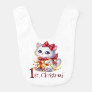 Baby's First Christmas White Kitten Bow Lights Baby Bib