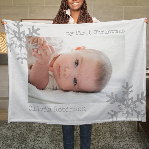 Babys First Christmas White Photo Snowflake Fleece Blanket