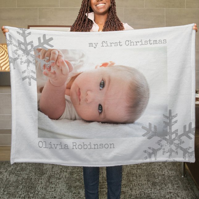 Baby's First Christmas White Photo Snowflake Fleece Blanket (Snowflake Baby's 1st Christmas holiday keepsake photo ornament perfect to bring joy to others.)