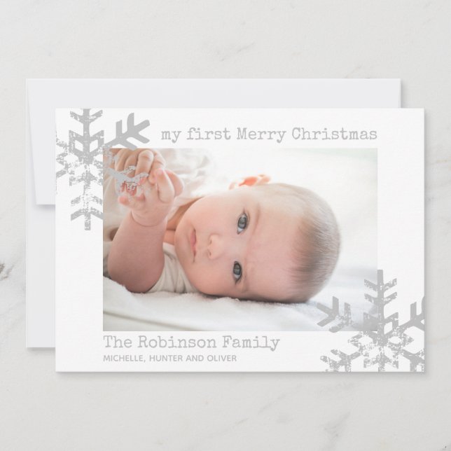 Baby's First Christmas White Photo Snowflakes Holiday Card (Front)