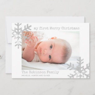Baby's First Christmas White Photo Snowflakes Holiday Card