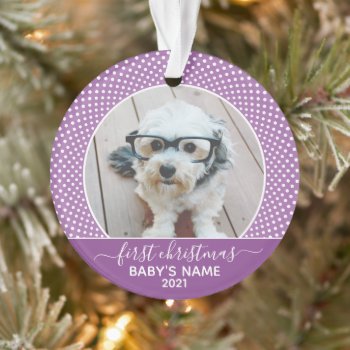 Baby's First Christmas - White Purple Polka Dot Ornament by MarshBaby at Zazzle