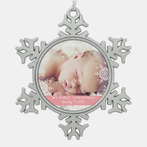 Babys First Christmas White Silver Glitter Pink Snowflake Pewter Christmas Ornament
