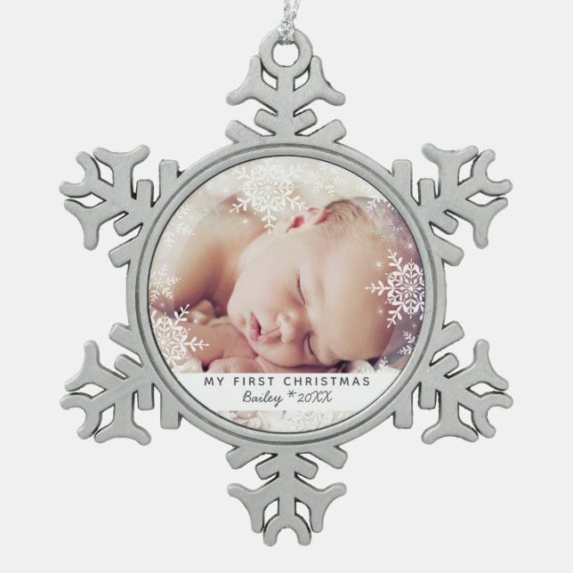 Baby's First Christmas White Silver Glitter Snowflake Pewter Christmas Ornament (Front)