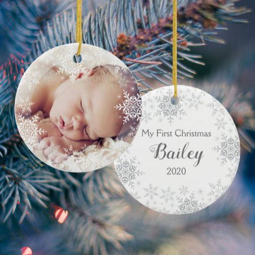 Babys First Christmas White Silver Snowflakes Ceramic Ornament