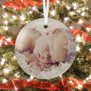 Baby's First Christmas White Silver Snowflakes Glass Ornament