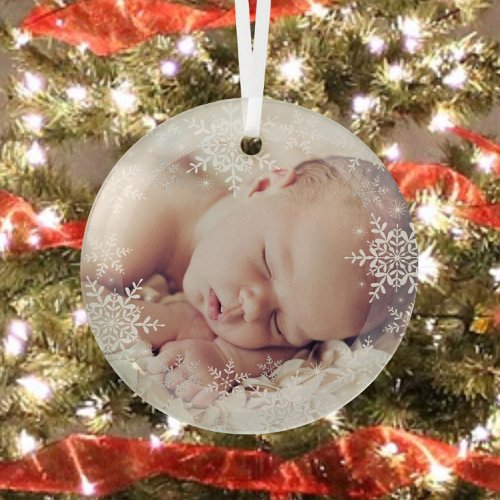 Babys First Christmas White Silver Snowflakes Glass Ornament