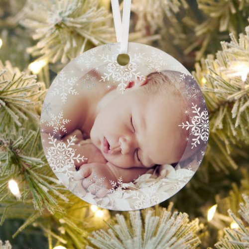 Babys First Christmas White Silver Snowflakes Orn Metal Ornament