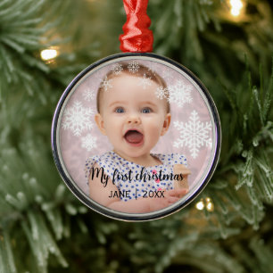Baby's first christmas white snowflakes metal ornament