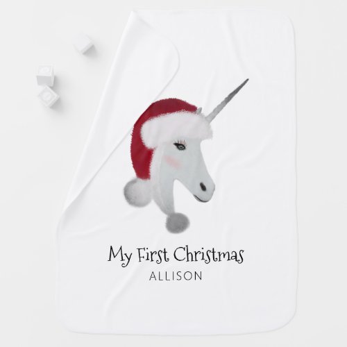 Babys First Christmas White Unicorn Personalized Baby Blanket