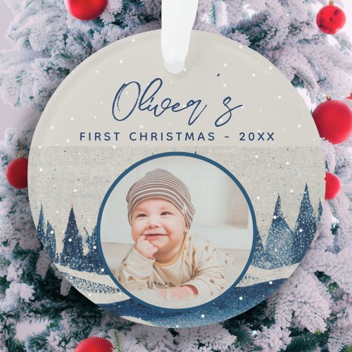 Babys First Christmas Winter Forest Photo Ornament