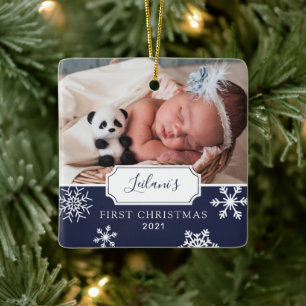 Baby's First Christmas Winter Snowflake Navy Blue Ceramic Ornament