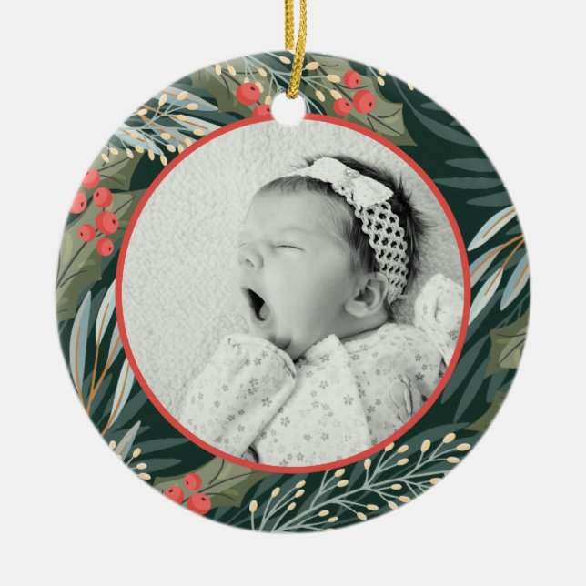 Babys First Christmas with Birth Stats Holiday Ceramic Ornament (Front)