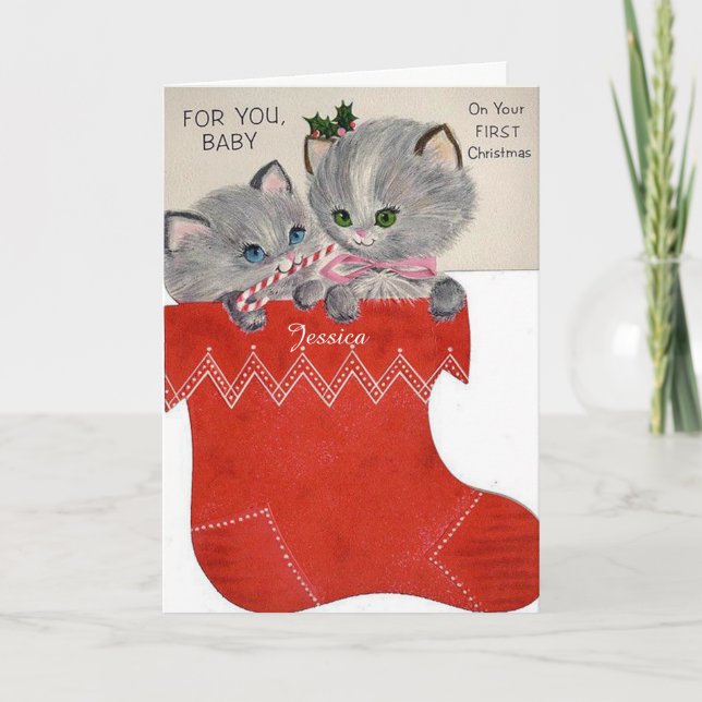 Baby's First Christmas with Cute Kittens in Socks Holiday Card (Front)