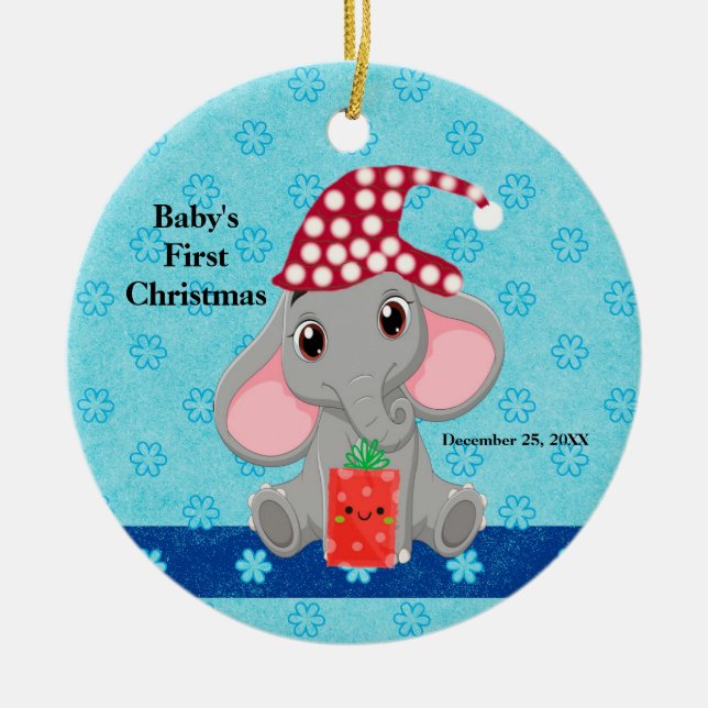 Baby's First Christmas with Elephant Ceramic Ornam Ornament (Front)