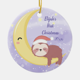 Baby's First Christmas with Sloth and Moon Ceramic Ornament