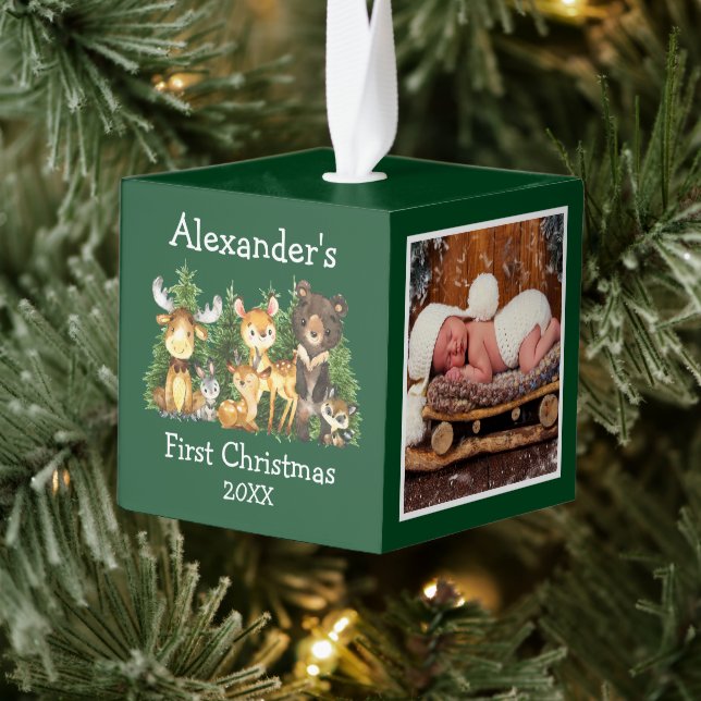 Baby's First Christmas Wood Animals Deer Photo Cube Ornament (Tree)