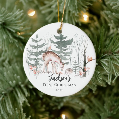 Babys First Christmas Woodland 2 Sided Photo Ceramic Ornament