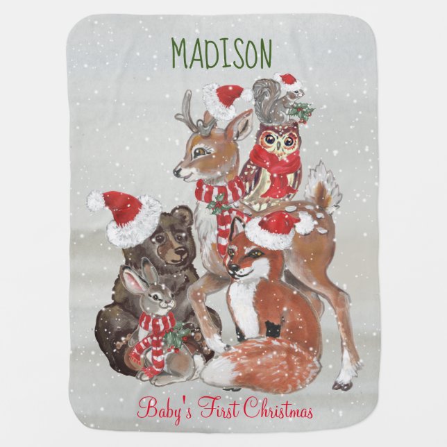 Baby's First Christmas Woodland Animal Deer Custom Baby Blanket (Front)