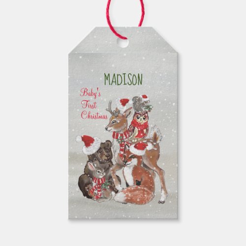 Babys First Christmas Woodland Animals Deer Bunny Gift Tags