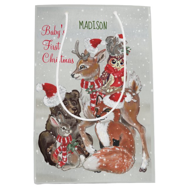 Baby's First Christmas Woodland Animals Deer Bunny Medium Gift Bag (Front)