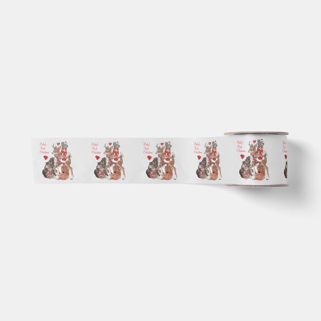 Baby's First Christmas Woodland Animals Deer Bunny Satin Ribbon (Front)