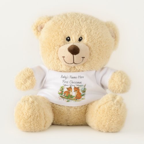 Babys First Christmas Woodland Animals Watercolor Teddy Bear