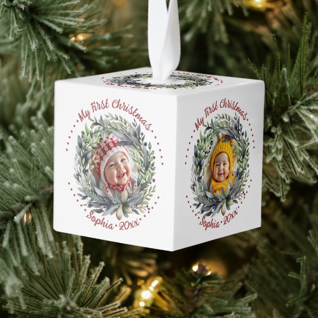 Baby's First Christmas wreath with greenery photo Cube Ornament (Tree)
