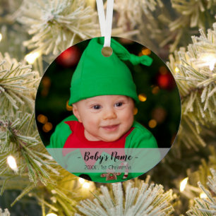 Baby's First Christmas Year Photo Script Name Metal Ornament