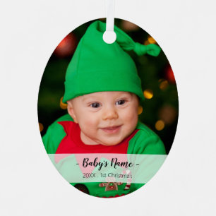Baby's First Christmas Year Photo Script Name Oval Metal Ornament