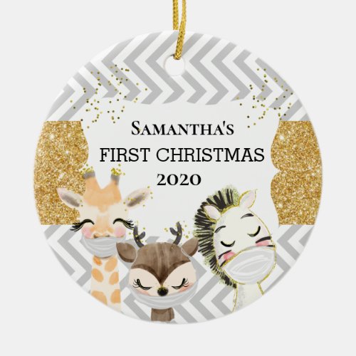 Babys First Christmas Zebra gold Giraffe 2020 Ceramic Ornament