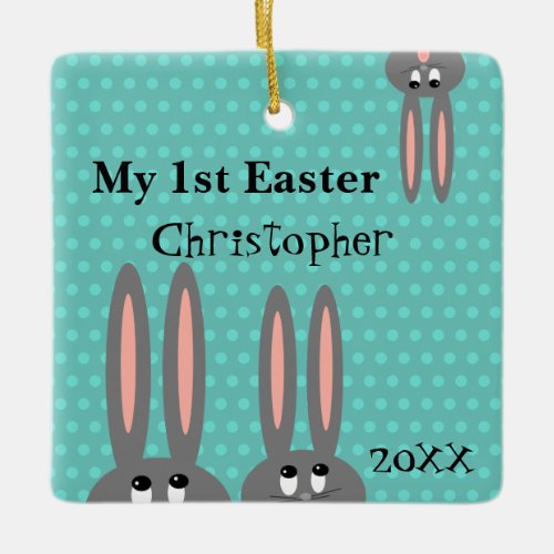 Babys First Easter Bunny Personalized Teal Blue Ceramic Ornament