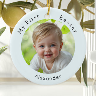 Baby's First Easter Elegant Photo Keepsake Blue Ceramic Ornament