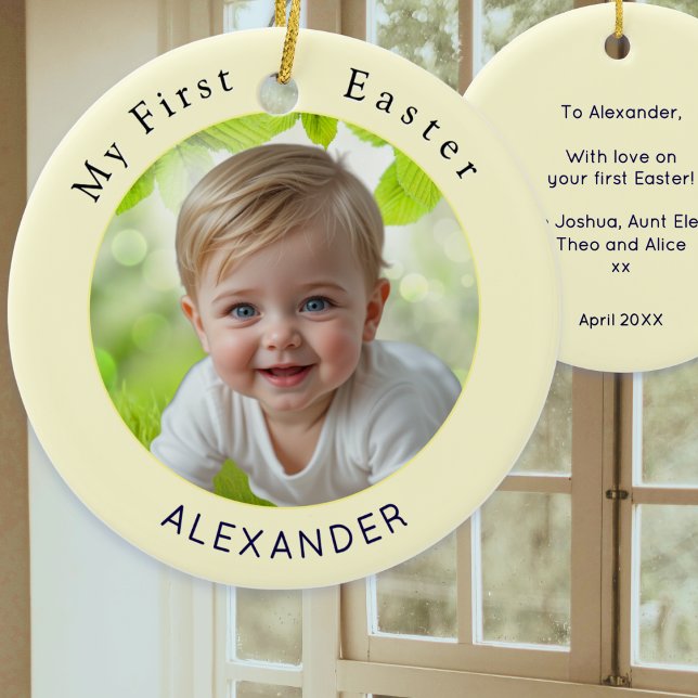 Baby's First Easter Elegant Photo Keepsake Yellow Ceramic Ornament (A decorative ornament for baby's first Easter, with custom photo, name, and a message on the back)